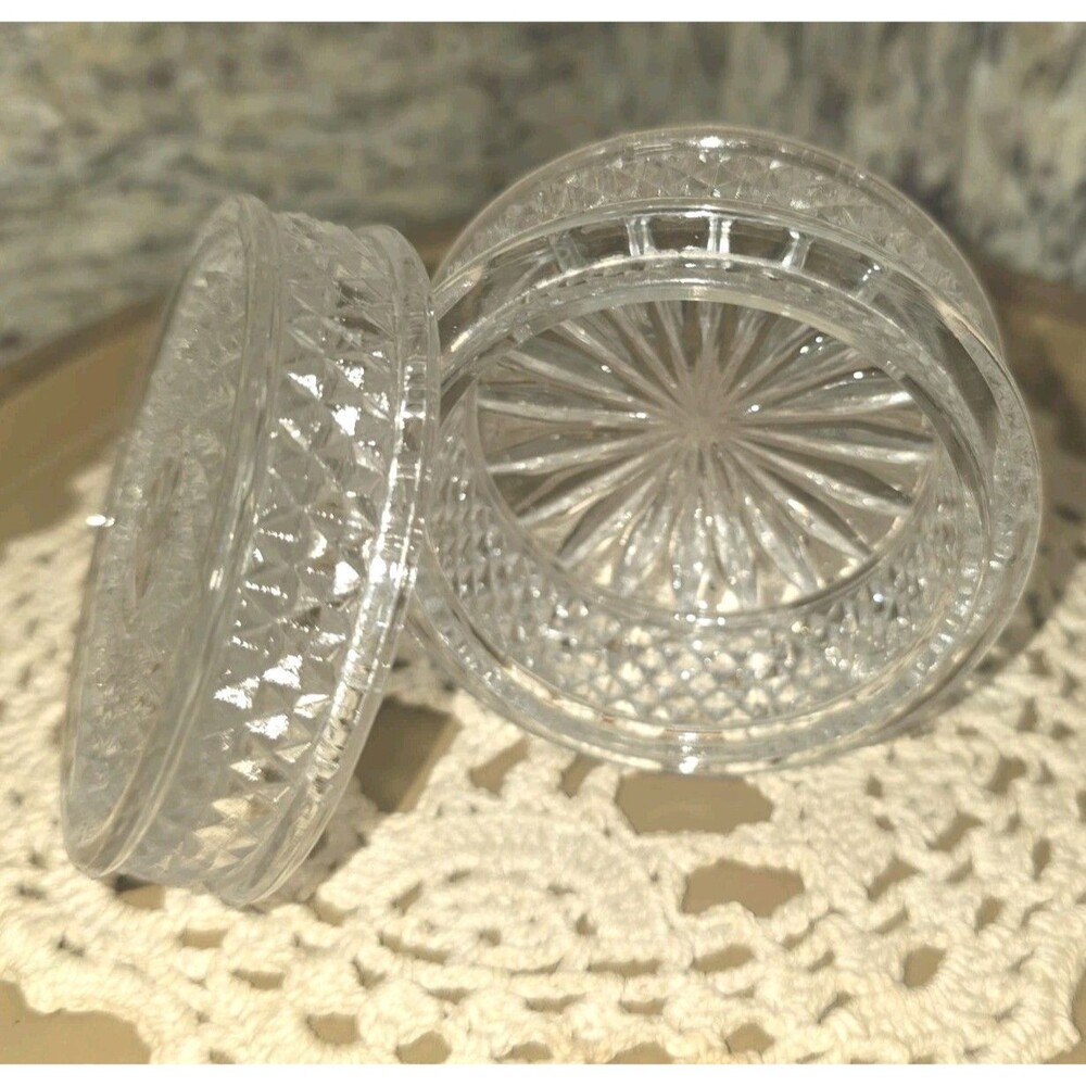 Vintage Diamond Cut Glass Dresser Vanity Trinket Jar w Ground Lid Clear 3" Dia